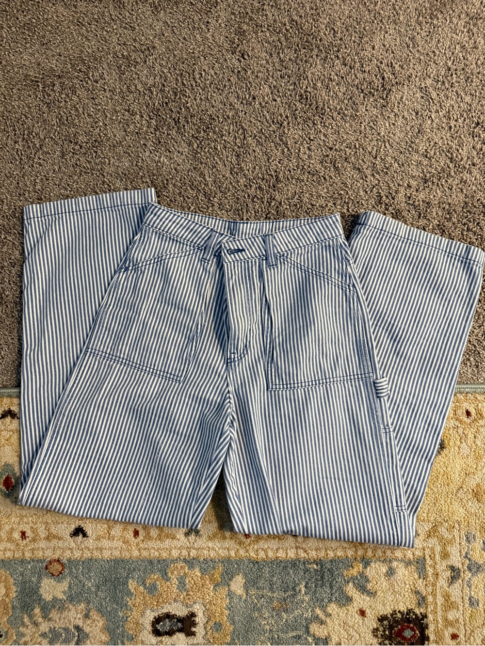 H&M Blue and White Striped high rise Wide-Leg Pants